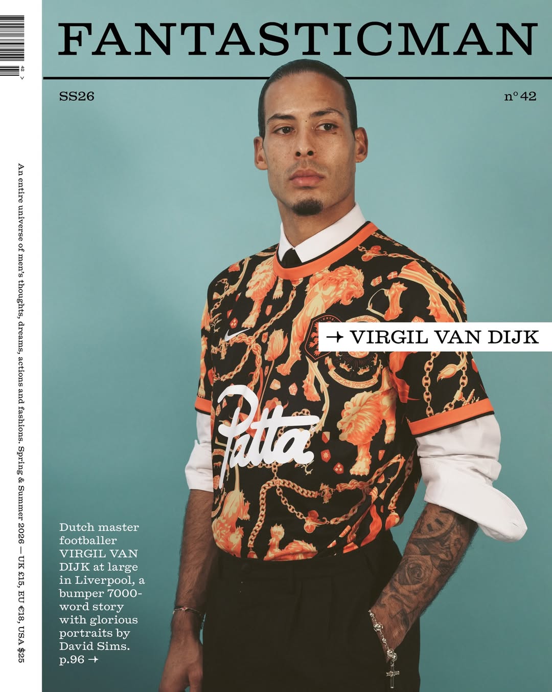 Nike x Patta Netherlands 2026 World Cup lifestyle shirt on Virgil van Dijk showing dark base with orange lions and gold chain print