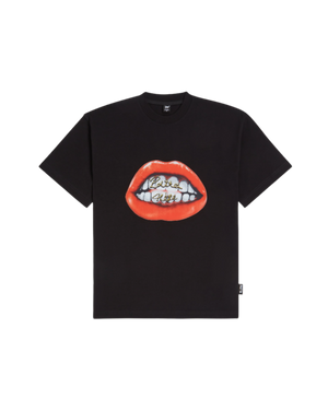 Black Patta T-shirt with a large premium photo printed smile artwork