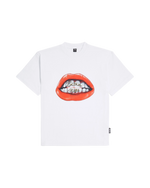 White Patta T-shirt with a large premium photo printed smile artwork