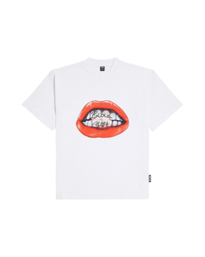 White Patta T-shirt with a large premium photo printed smile artwork