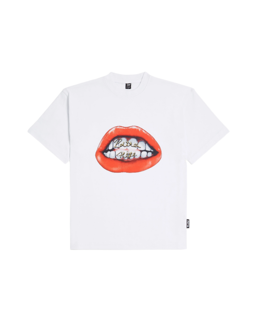 White Patta T-shirt with a large premium photo printed smile artwork