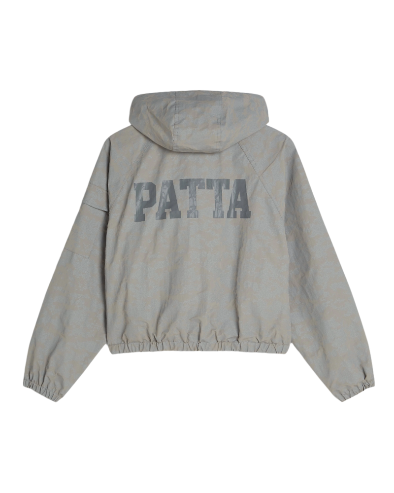 Grey Patta hooded jacket with digital camouflage pattern and Patta logo