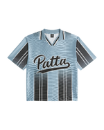 Blue Patta jersey with black and white vertical stripes and large Patta logo