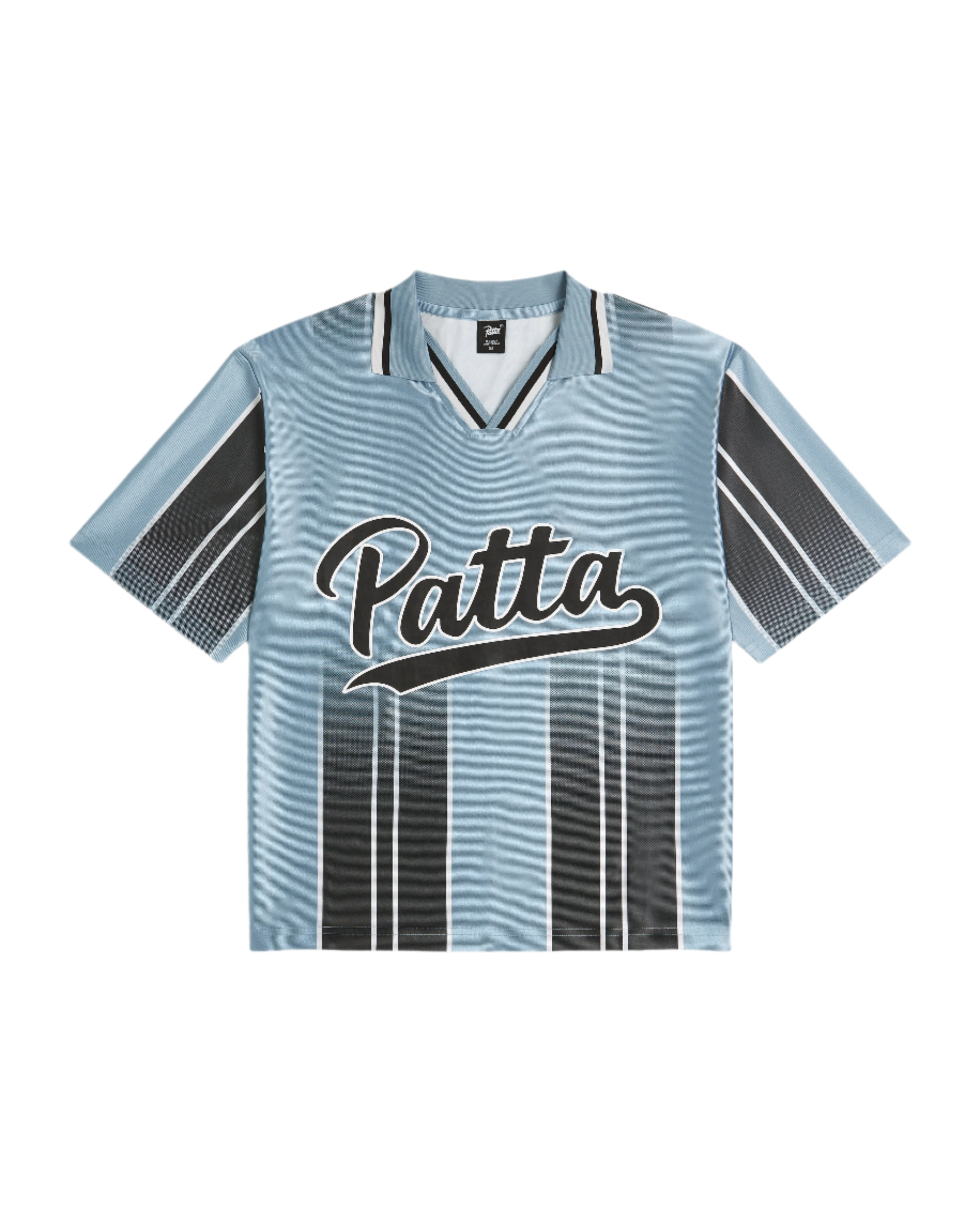 Blue Patta jersey with black and white vertical stripes and large Patta logo