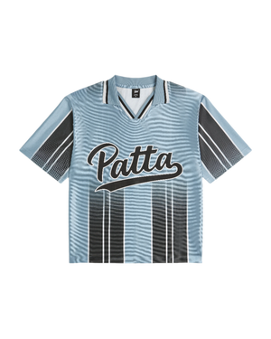 Blue Patta jersey with black and white vertical stripes and large Patta logo