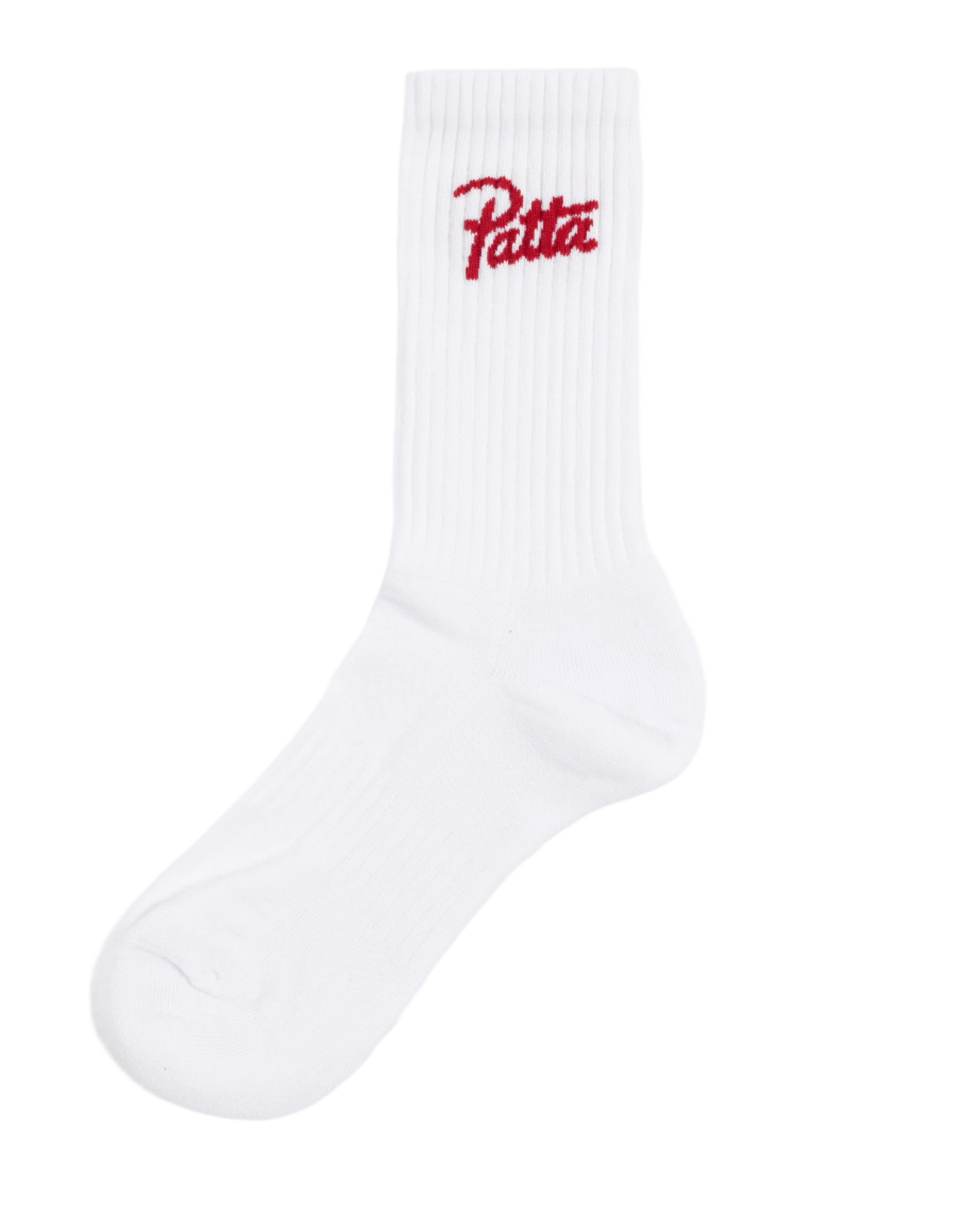 White Patta sports socks with haute red patta script logo