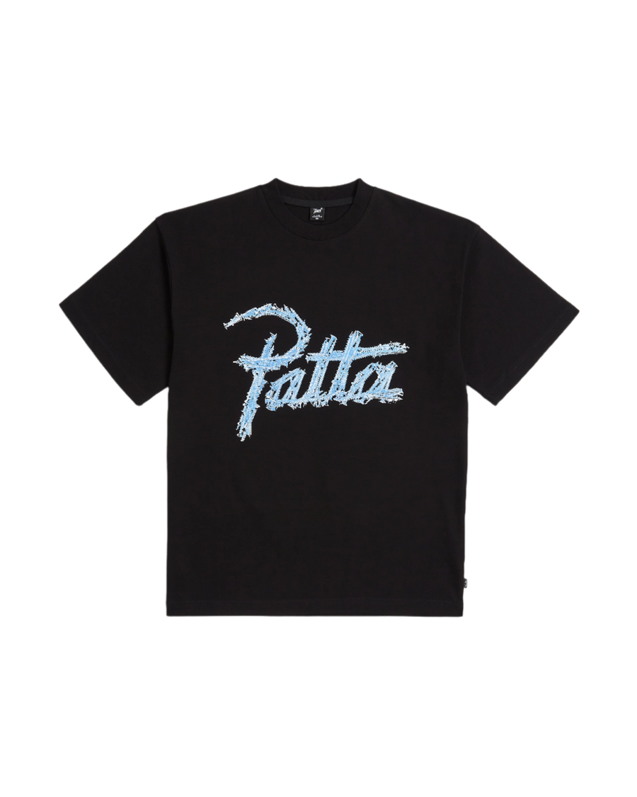 Black  Patta screws T-shirt with a large premium photo printed Patta script logo and screws artwork 