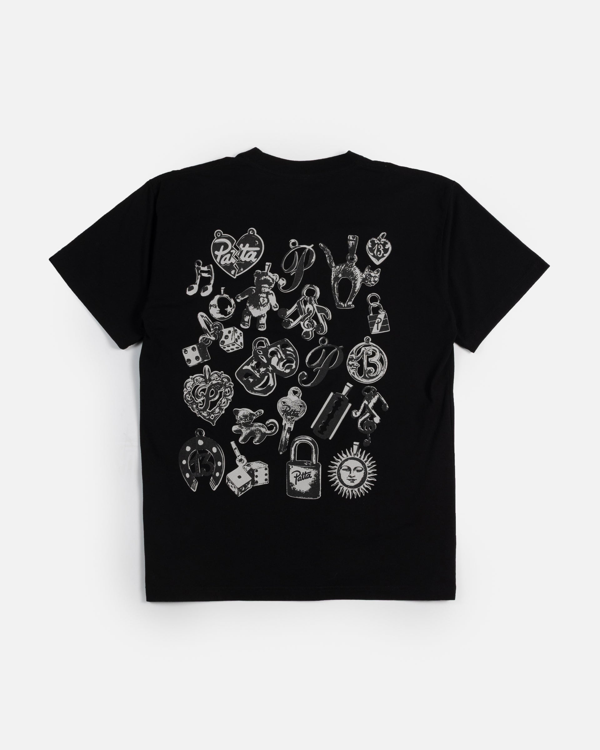 Back view of the Patta Charm T-Shirt in black featuring a silkscreen charms graphic print.