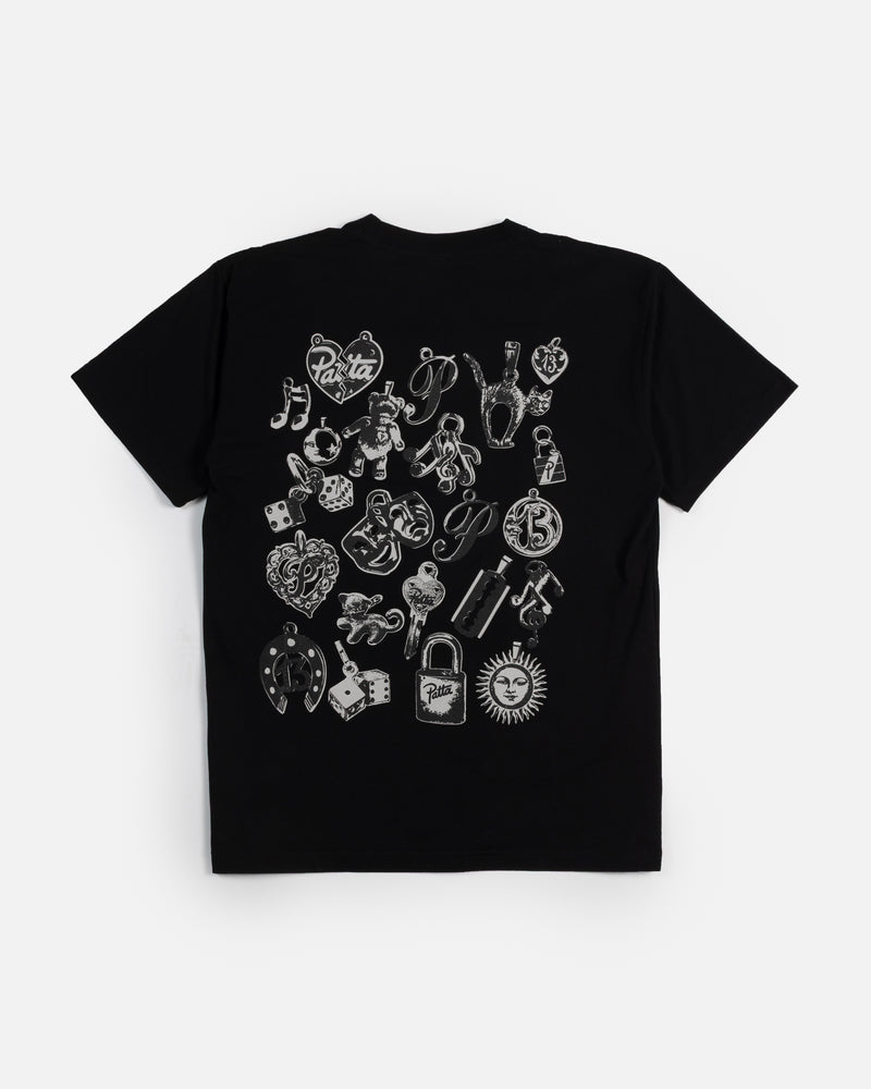 Back view of the Patta Charm T-Shirt in black featuring a silkscreen charms graphic print.