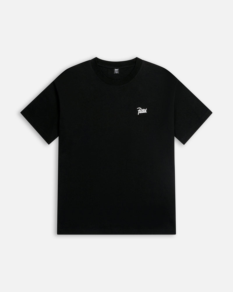 Front view of the black Patta Charm cotton T-shirt featuring a white script logo on the chest.