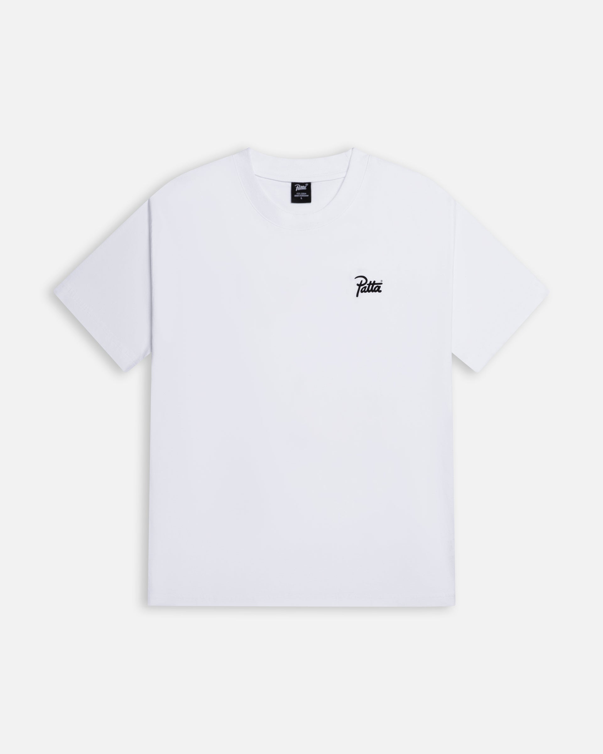Front view of the Patta Championship T-Shirt in white with a small black script logo on the chest.