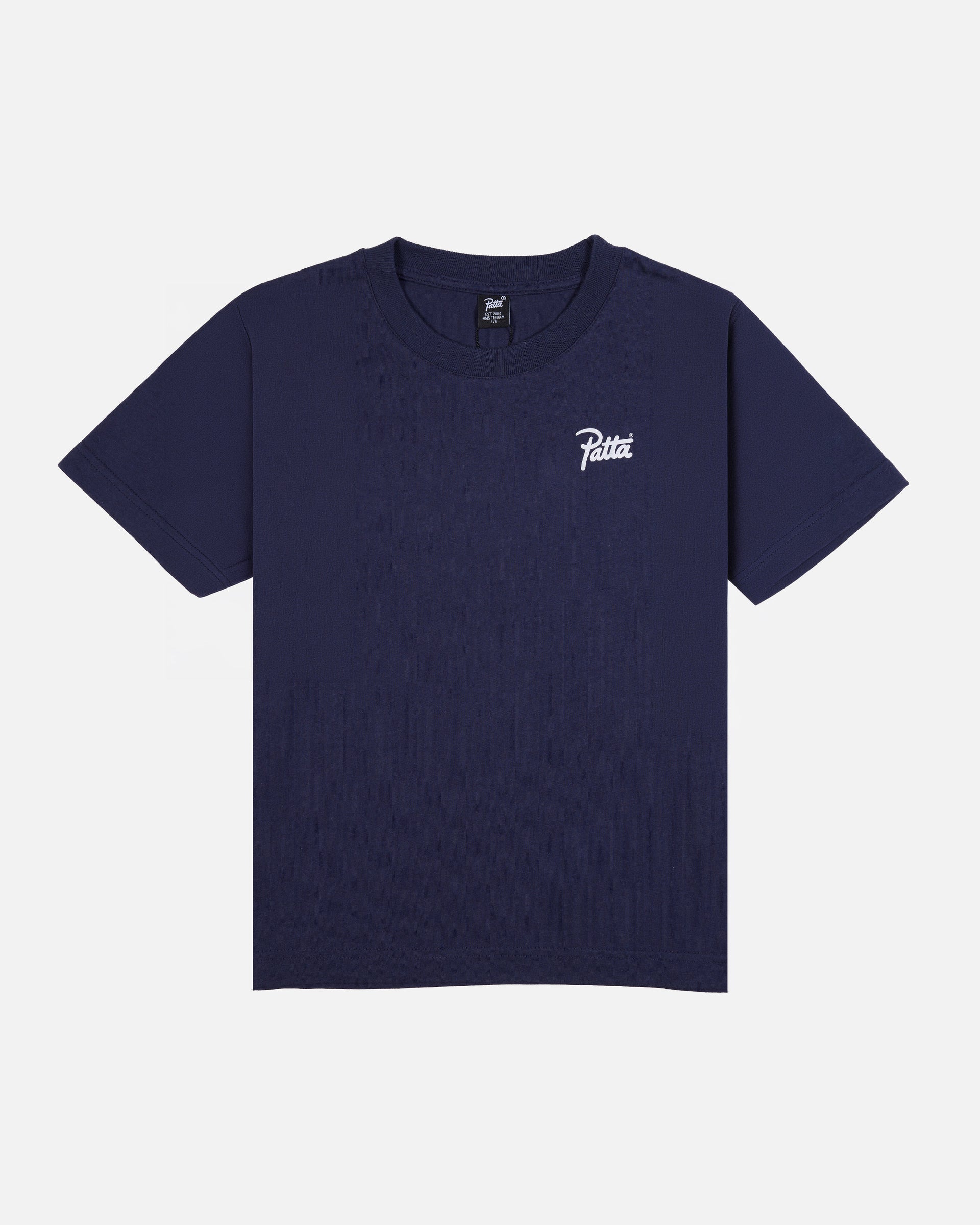 Front view of the Patta Kids Championship T-Shirt in Black Iris navy cotton with a white chest script logo.