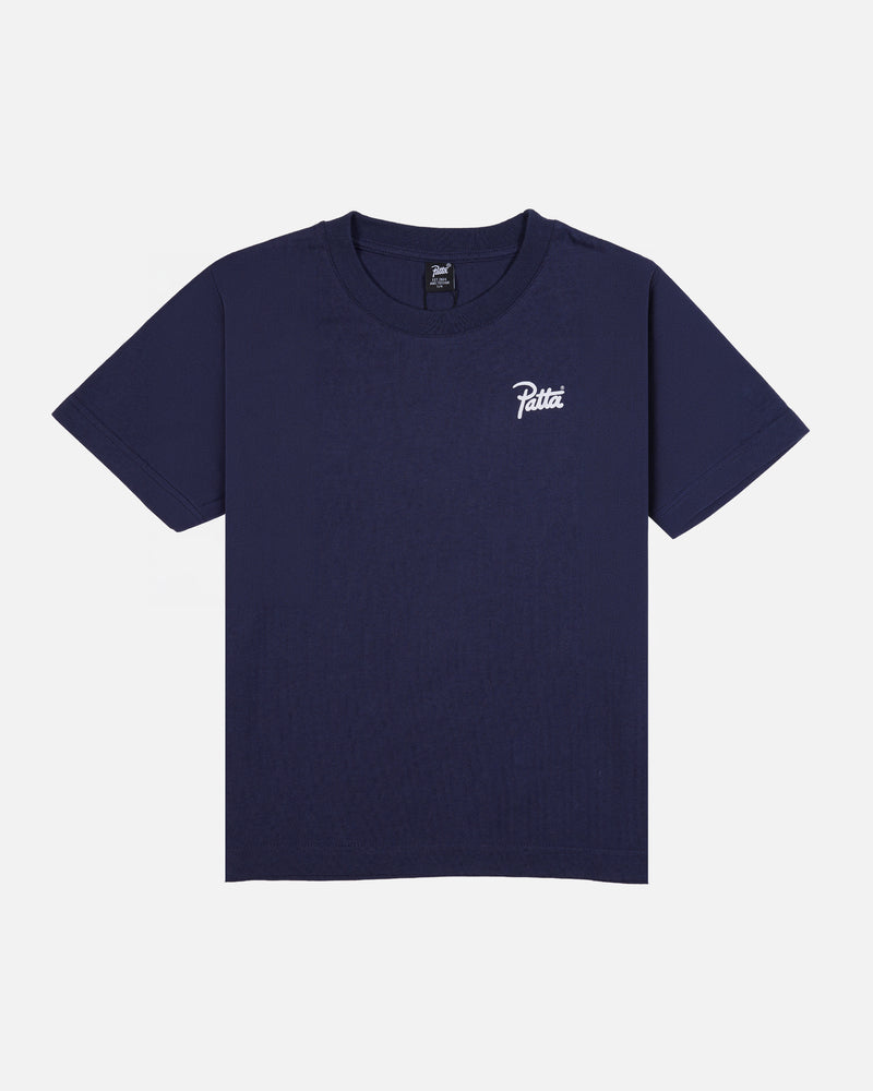Front view of the Patta Kids Championship T-Shirt in Black Iris navy cotton with a white chest script logo.
