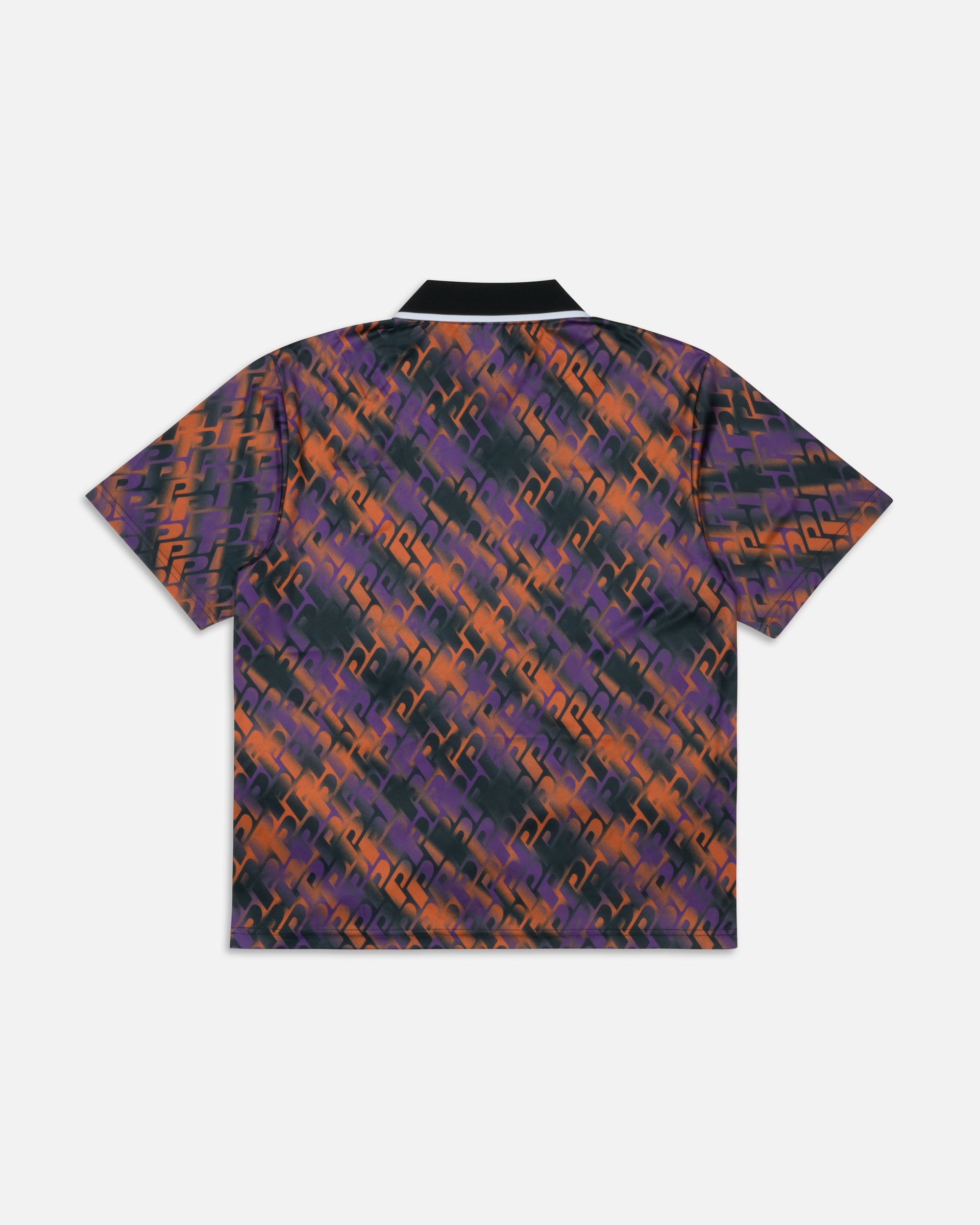 Back view of Patta All Over P Football Jersey in Pansy featuring a purple and orange monogram print.