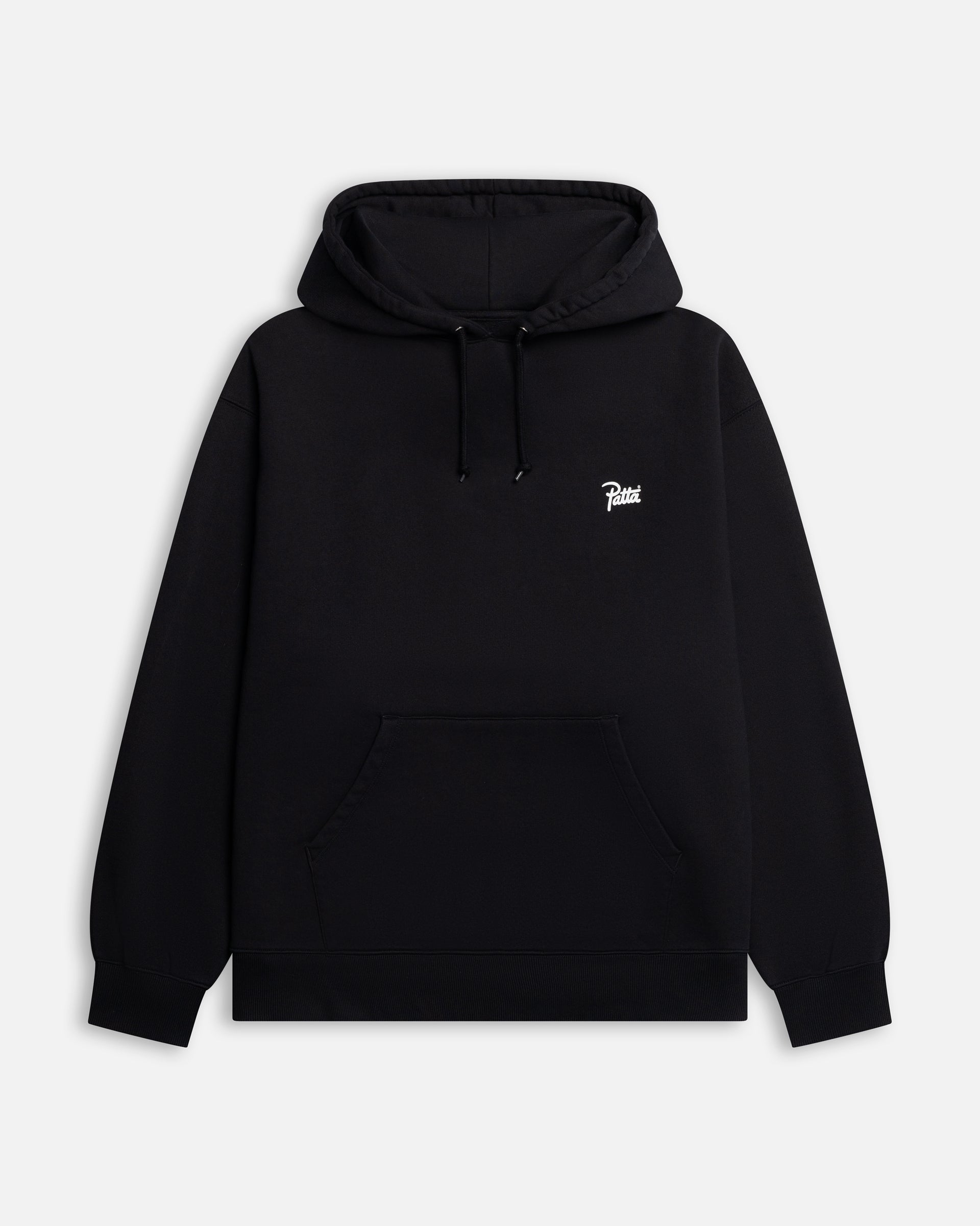 Front view of the black Patta Championship hooded sweater featuring a white chest logo and kangaroo pocket.