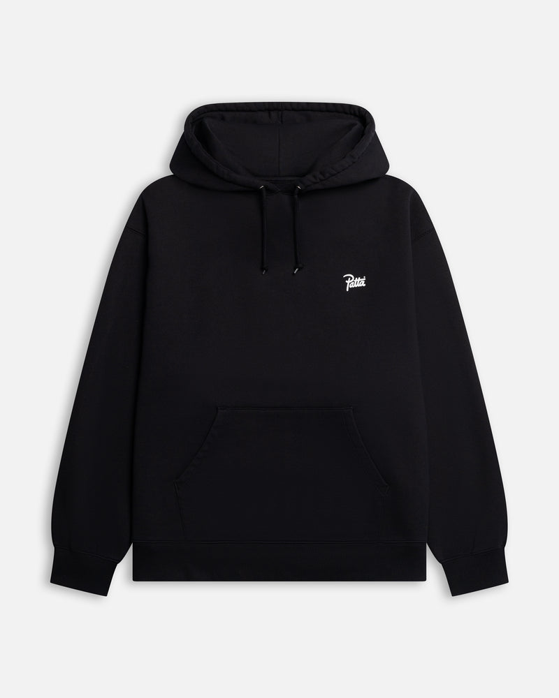 Front view of the black Patta Championship hooded sweater featuring a white chest logo and kangaroo pocket.