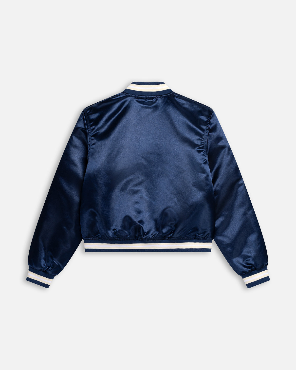 Back view of the Patta Kids Satin Bomber Jacket in Black Iris navy satin with striped ribbed trims.