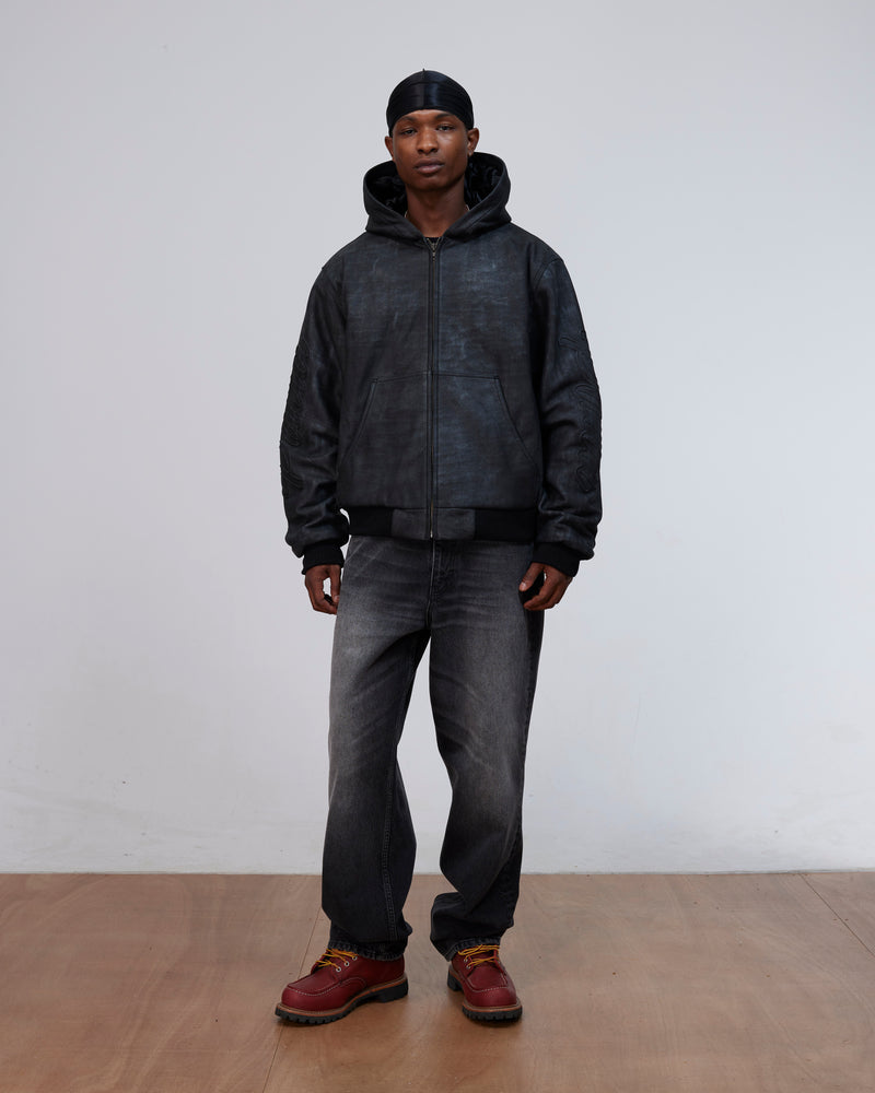 Patta Leather Hooded Bomber Jacket (Black)
