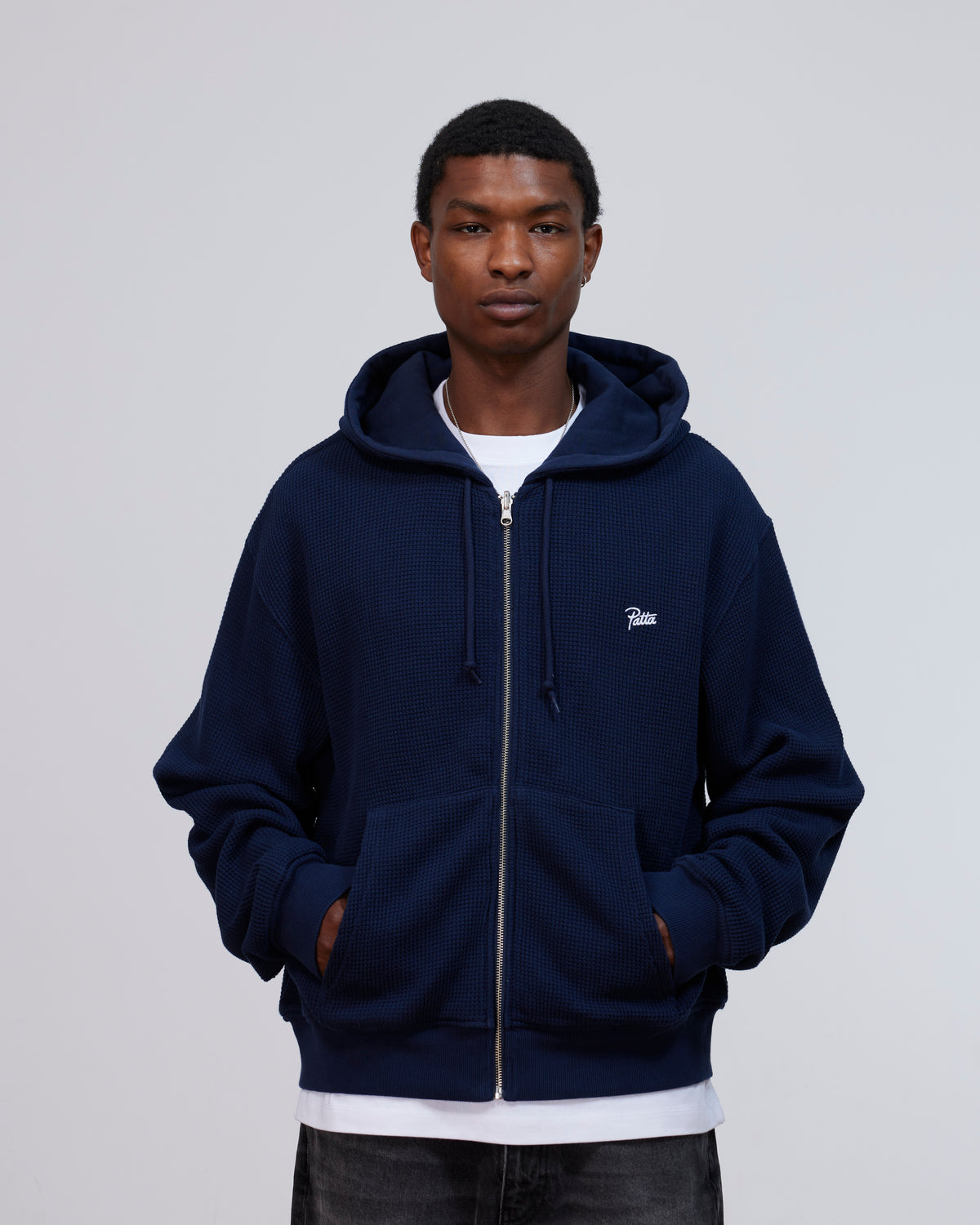 Patta Waffle Reversible Zip Up Hooded Sweater (Black Iris)